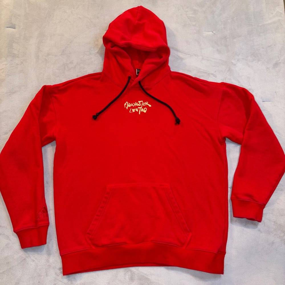 Adidas Manchester United Red Hoodie Gold Script Embroidery Mens Medium